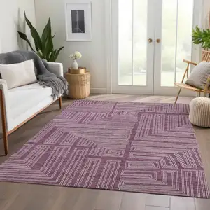 Photo of Eggplant And Ivory Geometric Washable Area Rug With UV Protection