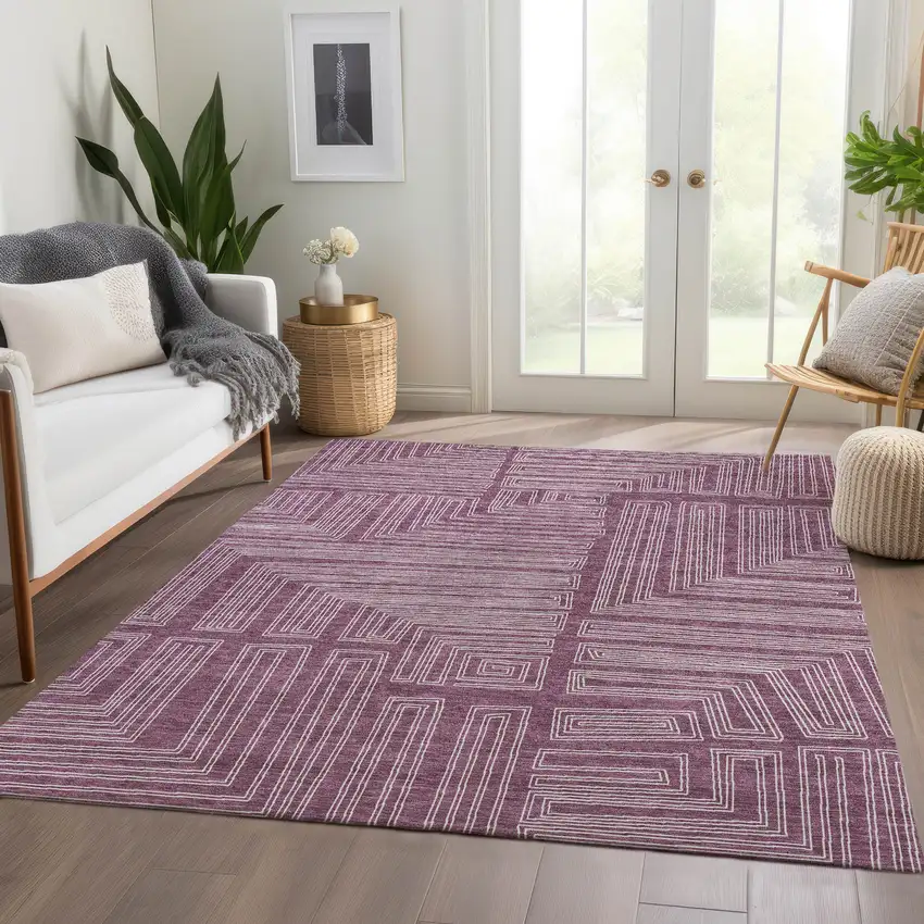 Eggplant And Ivory Geometric Washable Area Rug With UV Protection Photo 5