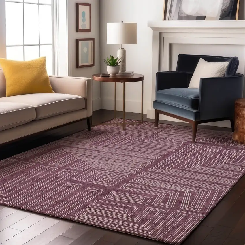 Eggplant And Ivory Geometric Washable Area Rug With UV Protection Photo 3