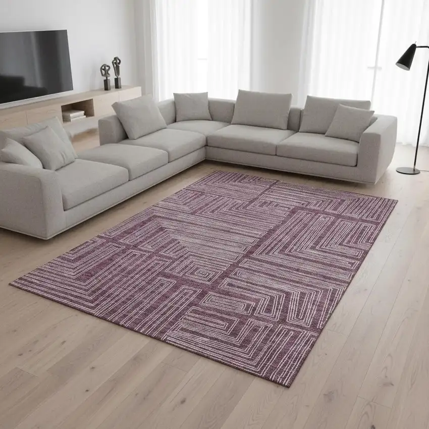 Eggplant And Ivory Geometric Washable Area Rug With UV Protection Photo 2