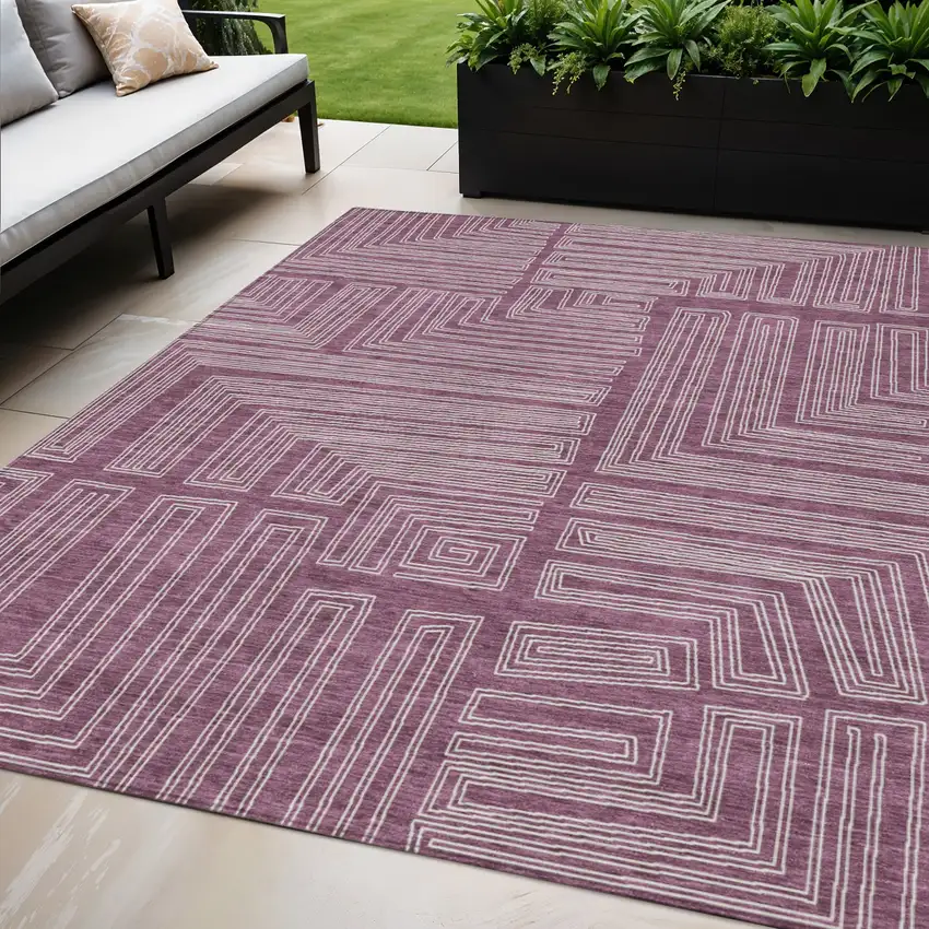 Eggplant And Ivory Geometric Washable Indoor Outdoor Area Rug Photo 1