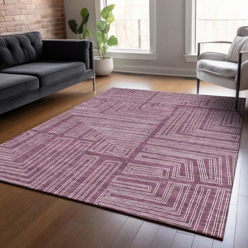 Eggplant And Ivory Geometric Washable Indoor Outdoor Area Rug Photo 8