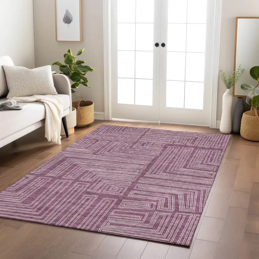 Eggplant And Ivory Geometric Washable Indoor Outdoor Area Rug Photo 9