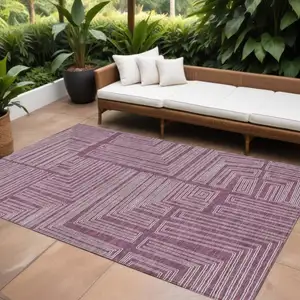 Photo of Eggplant And Ivory Geometric Washable Indoor Outdoor Area Rug