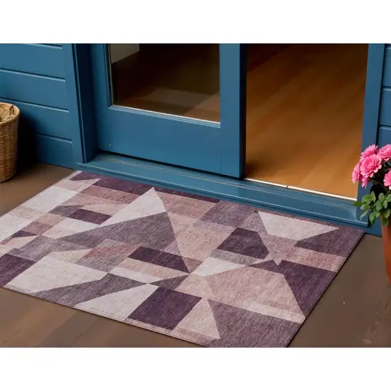 Eggplant And Ivory Geometric Washable Indoor Outdoor Area Rug Photo 1