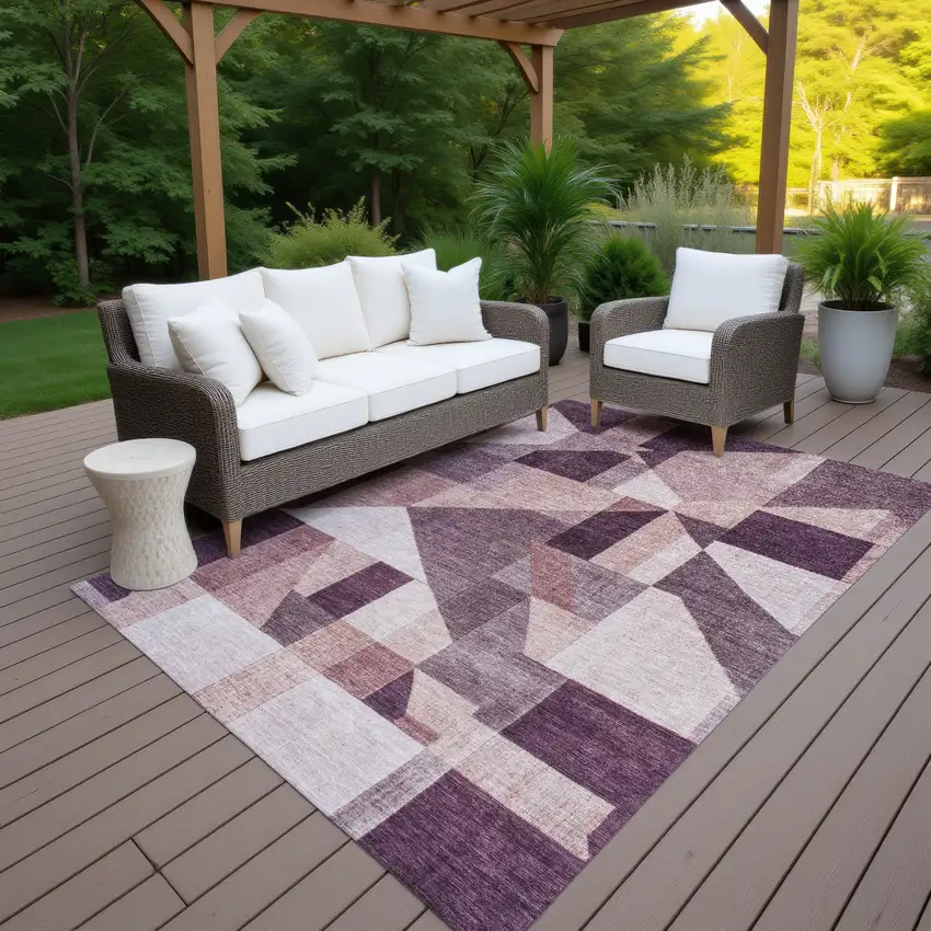 Eggplant And Ivory Geometric Washable Indoor Outdoor Area Rug Photo 7