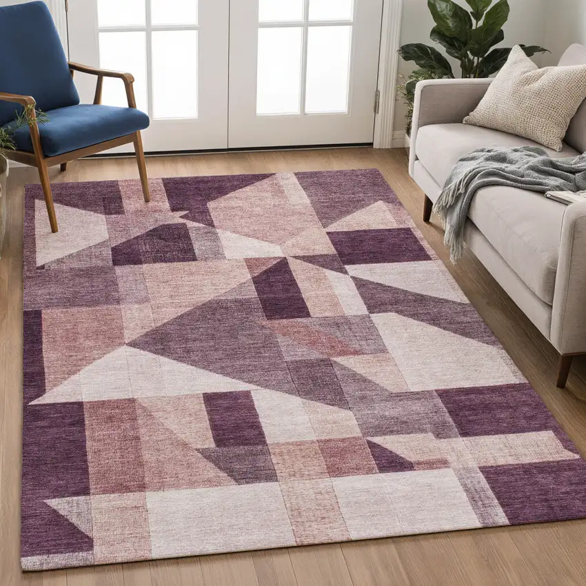 Eggplant And Ivory Geometric Washable Indoor Outdoor Area Rug Photo 5