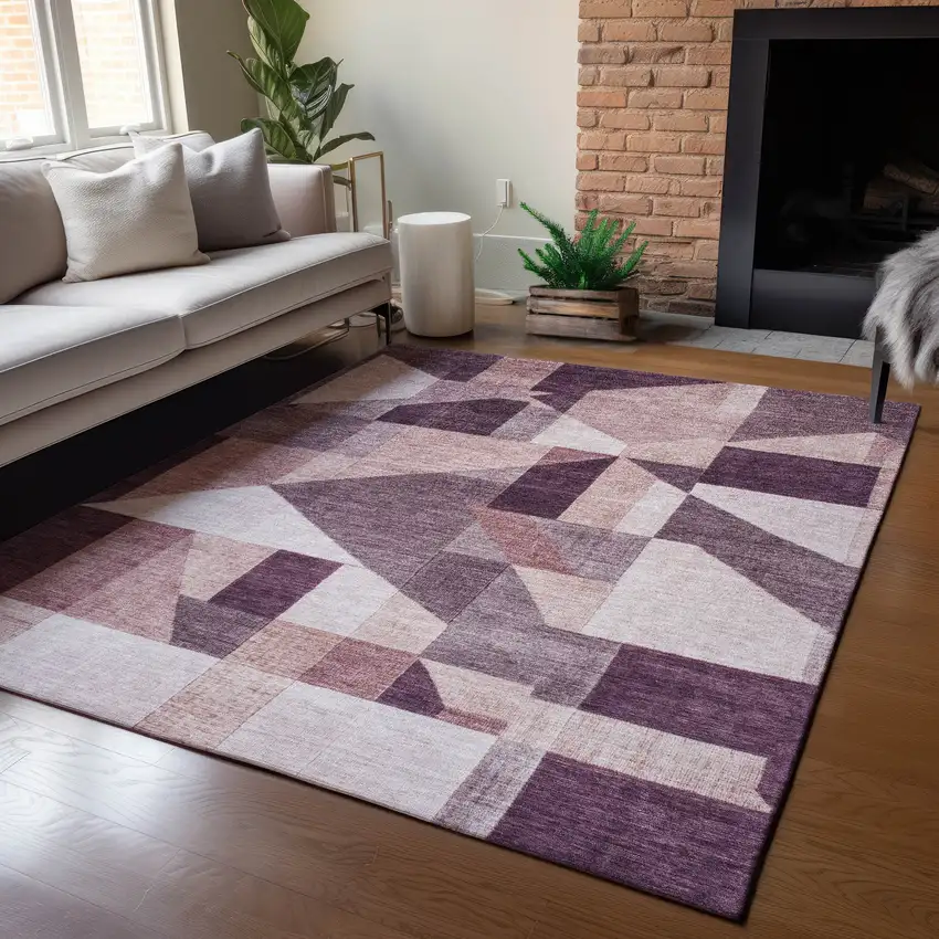 Eggplant And Ivory Geometric Washable Indoor Outdoor Area Rug Photo 6