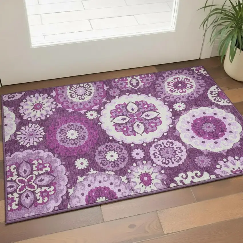 Eggplant And Ivory Medallion Washable Area Rug With UV Protection Photo 2
