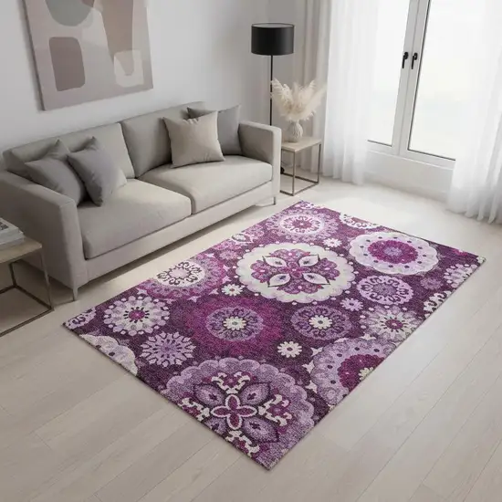 Eggplant And Ivory Medallion Washable Area Rug With UV Protection Photo 2
