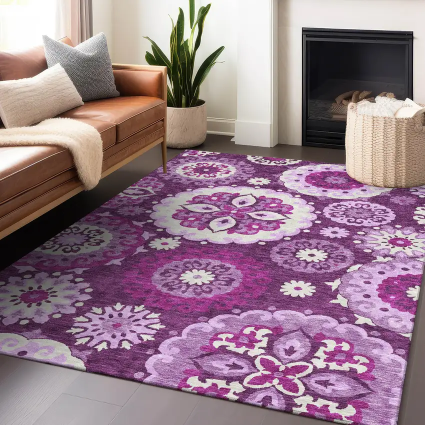 Eggplant And Ivory Medallion Washable Area Rug With UV Protection Photo 6