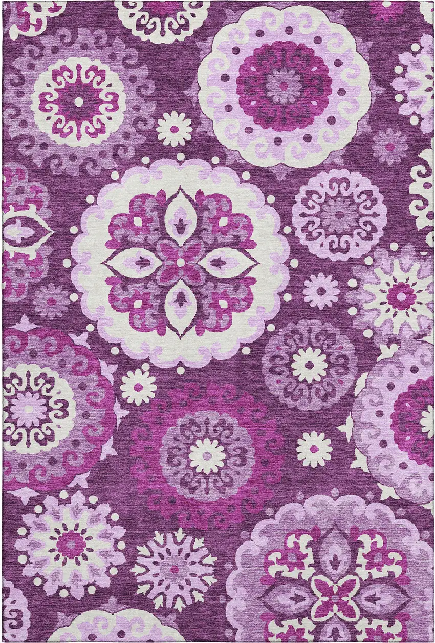 Eggplant And Ivory Medallion Washable Area Rug With UV Protection Photo 1