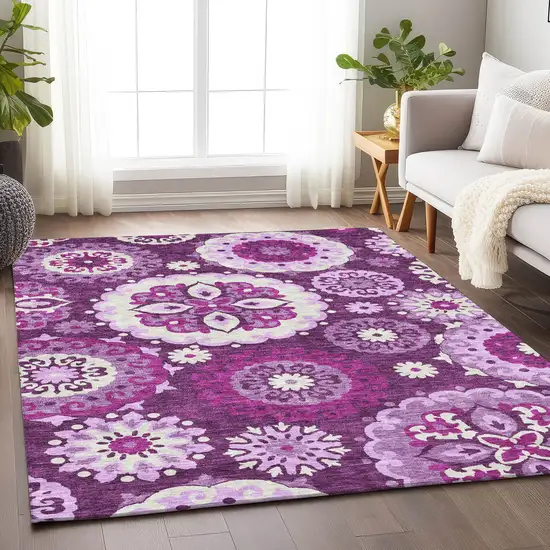 Eggplant And Ivory Medallion Washable Area Rug With UV Protection Photo 5
