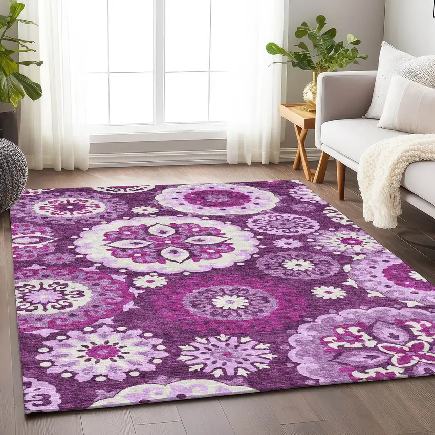 Eggplant And Ivory Medallion Washable Area Rug With UV Protection Photo 5