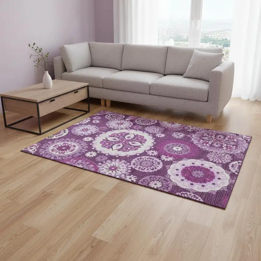 Eggplant And Ivory Medallion Washable Area Rug With UV Protection Photo 2