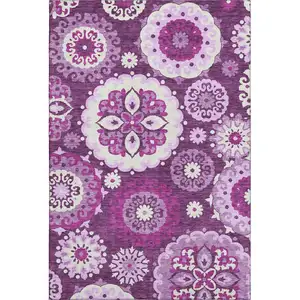 Photo of Eggplant And Ivory Medallion Washable Area Rug With UV Protection