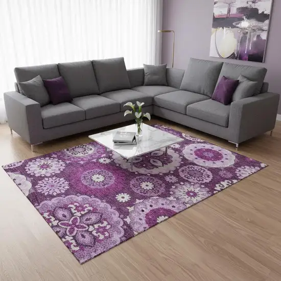 Eggplant And Ivory Medallion Washable Area Rug With UV Protection Photo 2