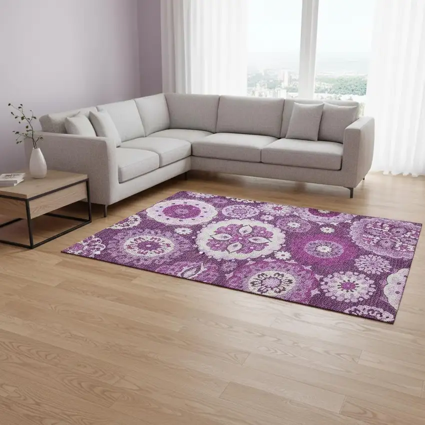 Eggplant And Ivory Medallion Washable Area Rug With UV Protection Photo 2