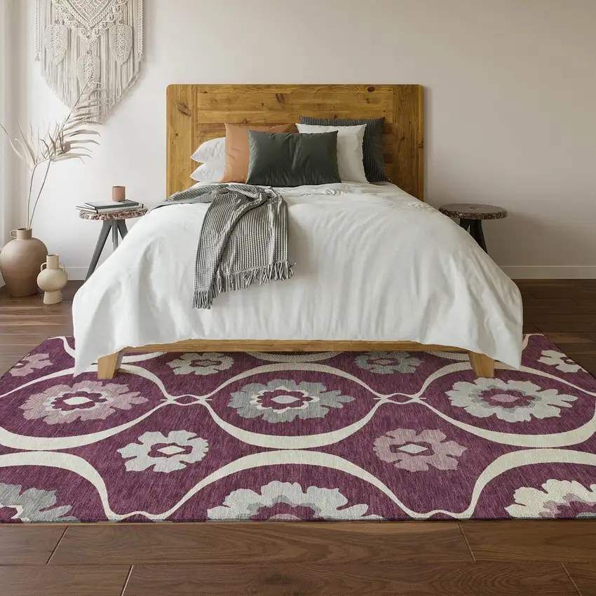 Eggplant And Ivory Medallion Washable Area Rug With UV Protection Photo 6