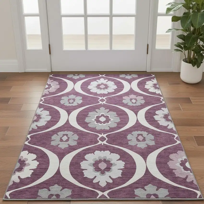 Eggplant And Ivory Medallion Washable Area Rug With UV Protection Photo 2