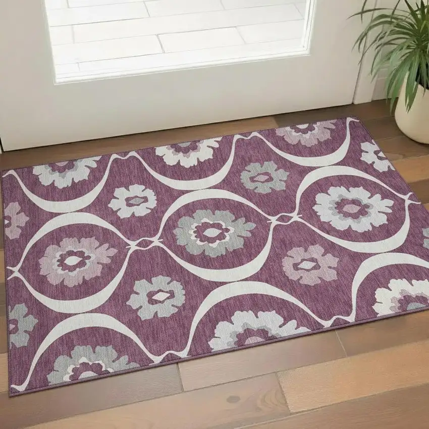 Eggplant And Ivory Medallion Washable Area Rug With UV Protection Photo 1
