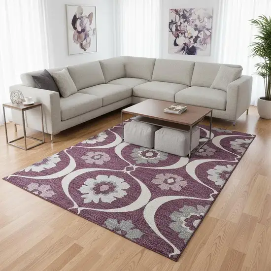 Eggplant And Ivory Medallion Washable Area Rug With UV Protection Photo 2