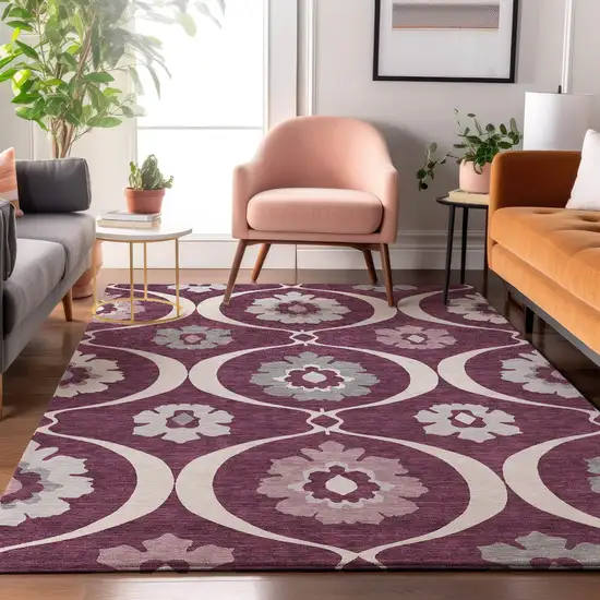Eggplant And Ivory Medallion Washable Area Rug With UV Protection Photo 5