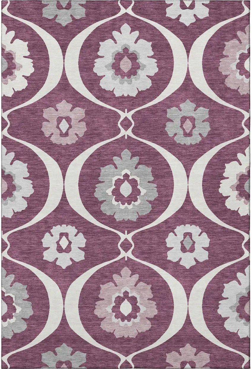Eggplant And Ivory Medallion Washable Area Rug With UV Protection Photo 4