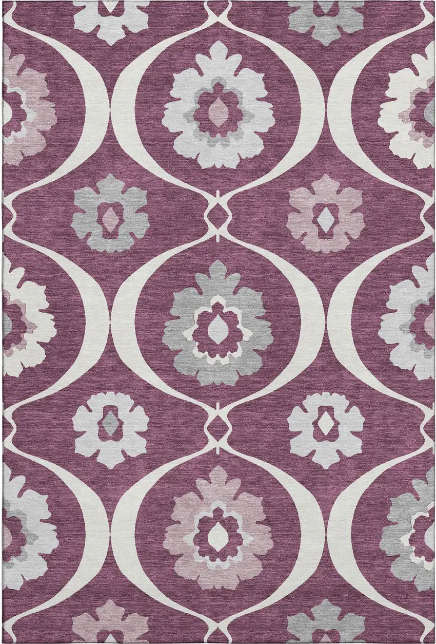 Eggplant And Ivory Medallion Washable Area Rug With UV Protection Photo 1