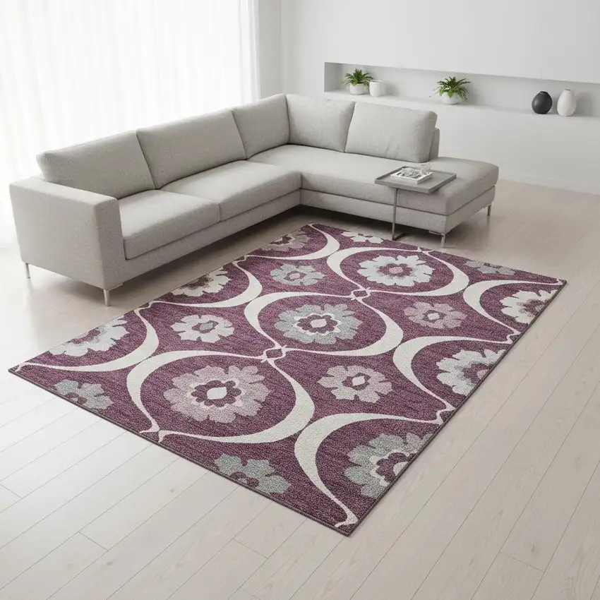 Eggplant And Ivory Medallion Washable Area Rug With UV Protection Photo 2