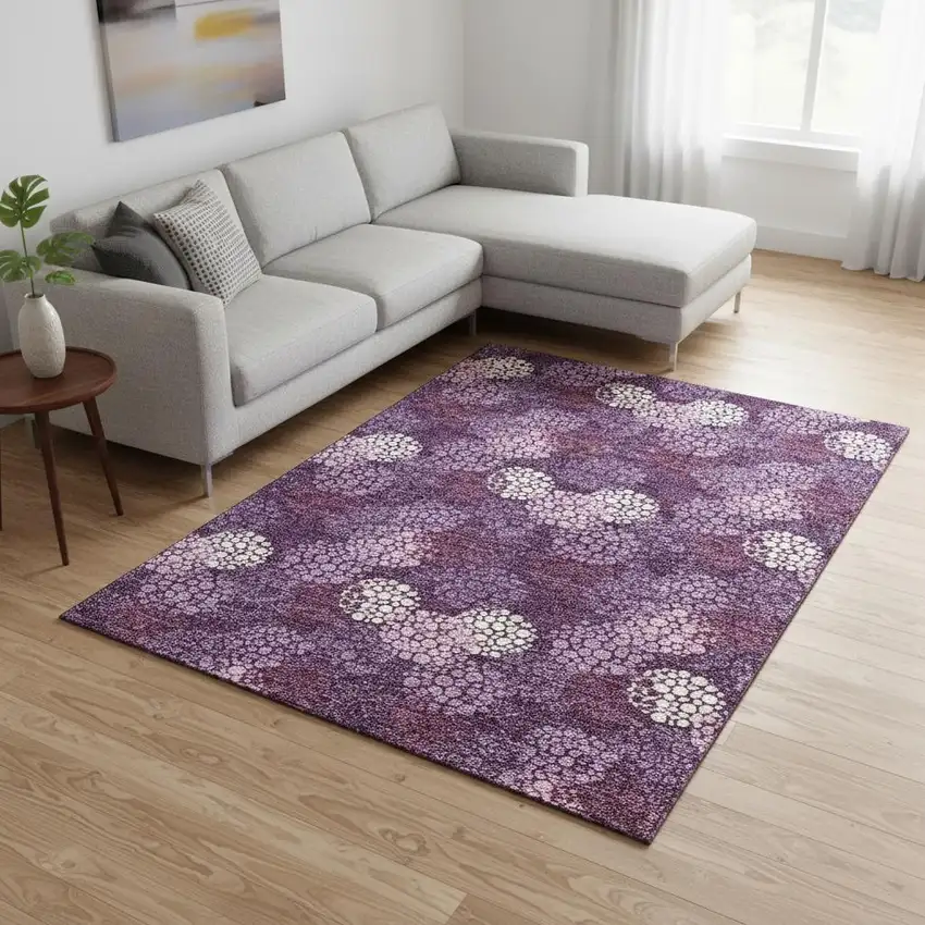 Eggplant And Ivory Polka Dot Washable Area Rug With UV Protection Photo 2