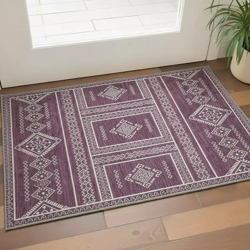 Eggplant And Ivory Southwestern Washable Area Rug With UV Protection Photo 2