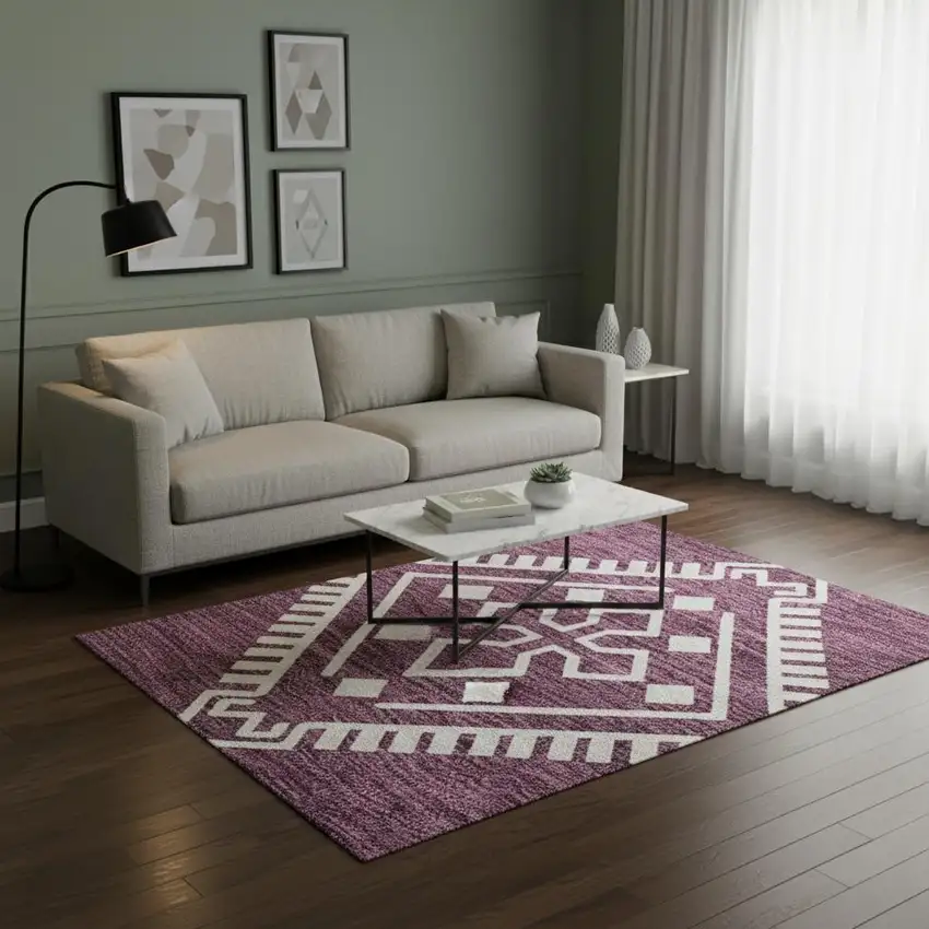 Eggplant And Ivory Southwestern Washable Area Rug With UV Protection Photo 2