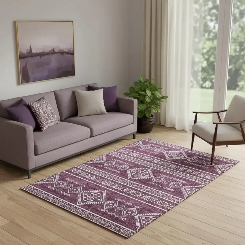 Eggplant And Ivory Southwestern Washable Area Rug With UV Protection Photo 1