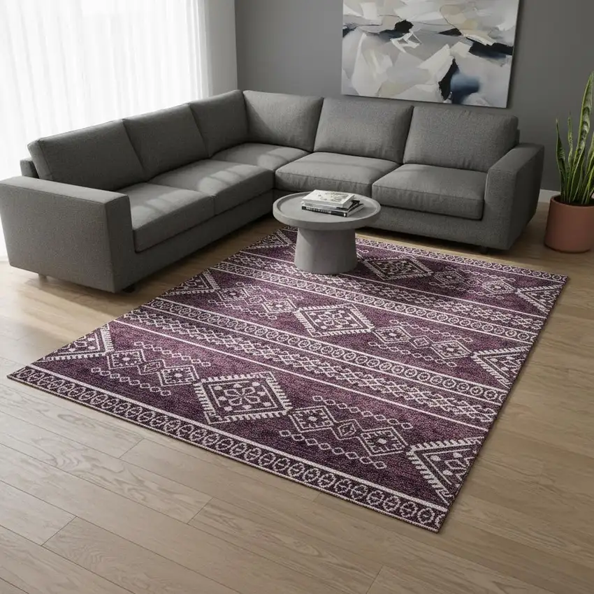 Eggplant And Ivory Southwestern Washable Area Rug With UV Protection Photo 2