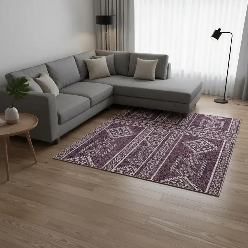 Eggplant And Ivory Southwestern Washable Area Rug With UV Protection Photo 2