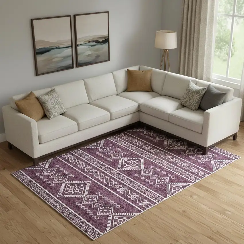 Eggplant And Ivory Southwestern Washable Area Rug With UV Protection Photo 1