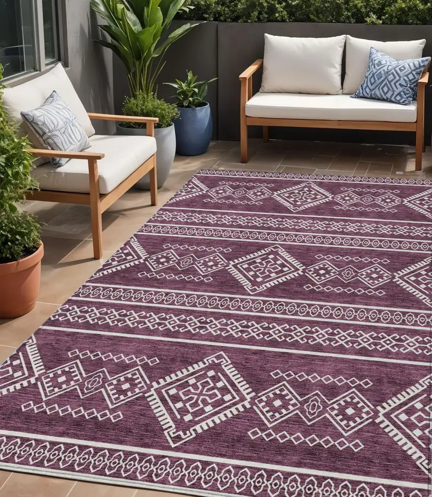 Eggplant And Ivory Southwestern Washable Indoor Outdoor Area Rug Photo 1