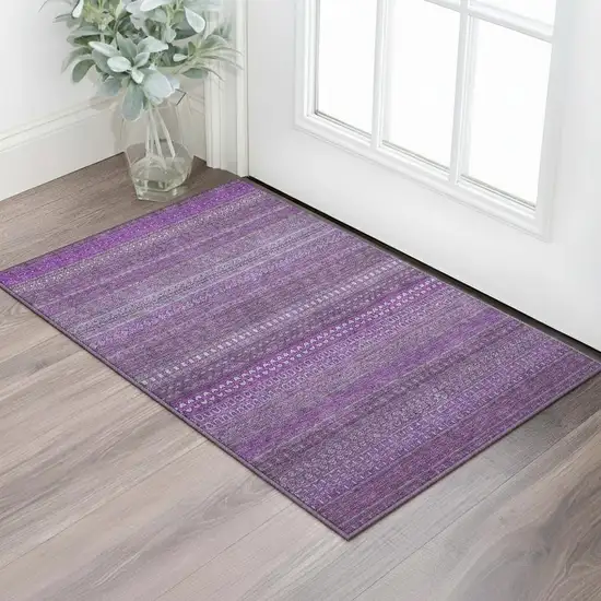 Eggplant And Ivory Striped Washable Area Rug With UV Protection Photo 1
