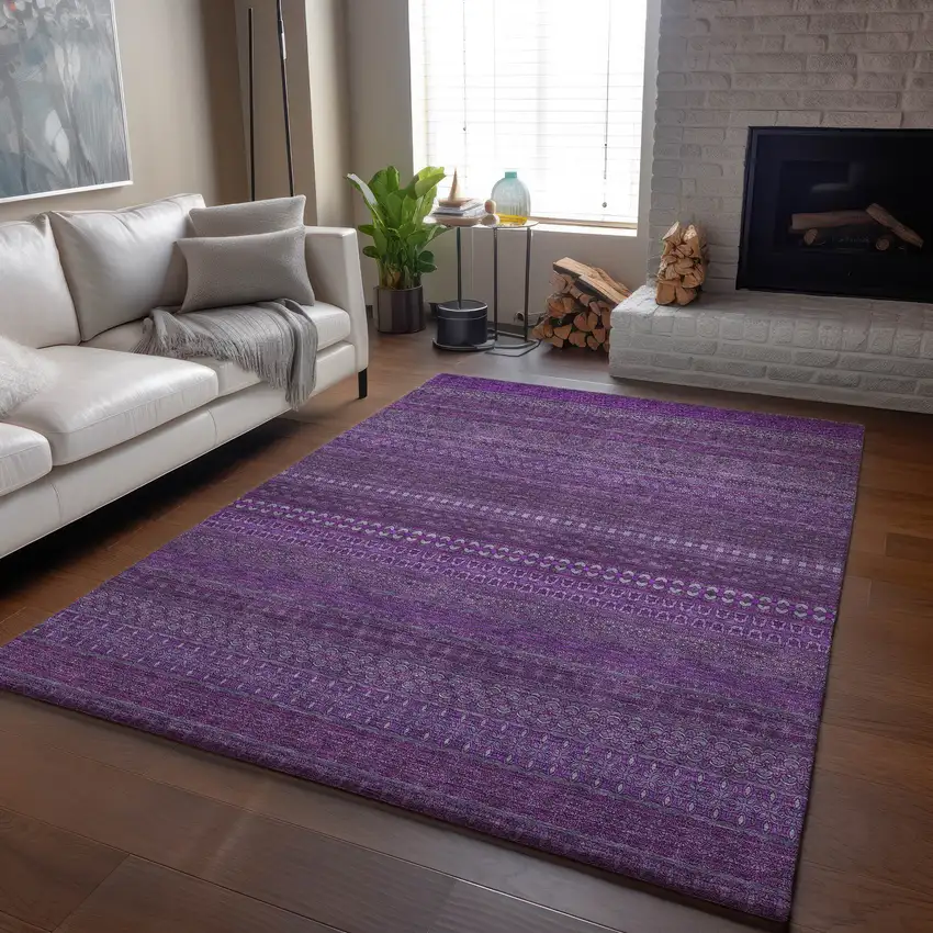 Eggplant And Ivory Striped Washable Area Rug With UV Protection Photo 7