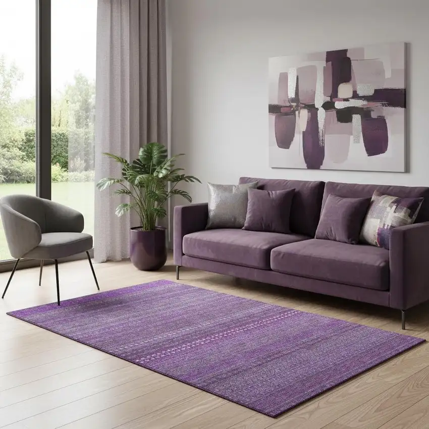 Eggplant And Ivory Striped Washable Area Rug With UV Protection Photo 1