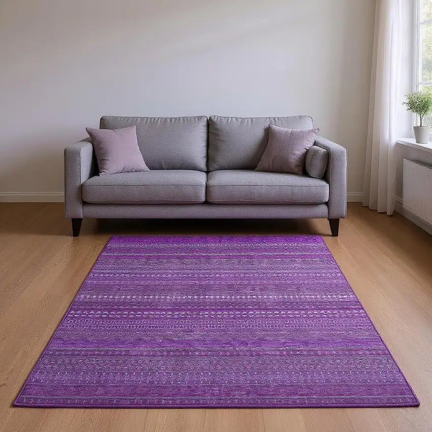 Eggplant And Ivory Striped Washable Area Rug With UV Protection Photo 2