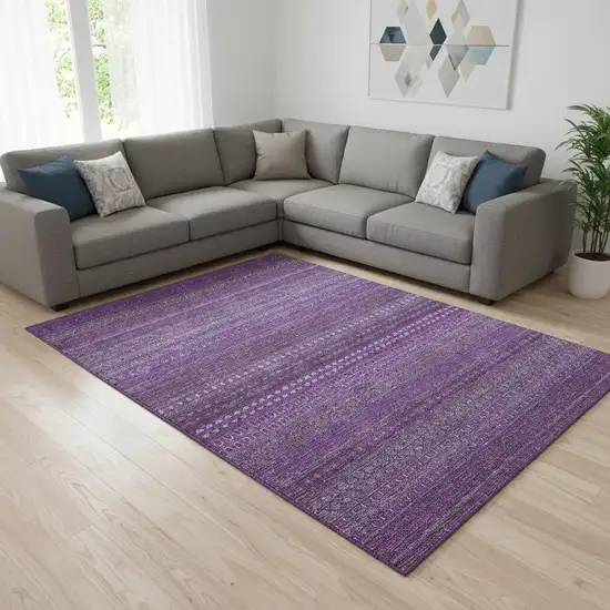 Eggplant And Ivory Striped Washable Area Rug With UV Protection Photo 1