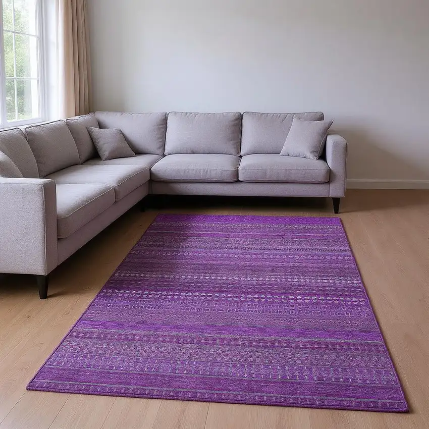 Eggplant And Ivory Striped Washable Area Rug With UV Protection Photo 2