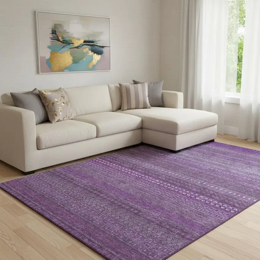 Eggplant And Ivory Striped Washable Area Rug With UV Protection Photo 1