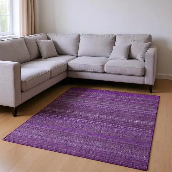 Eggplant And Ivory Striped Washable Area Rug With UV Protection Photo 2