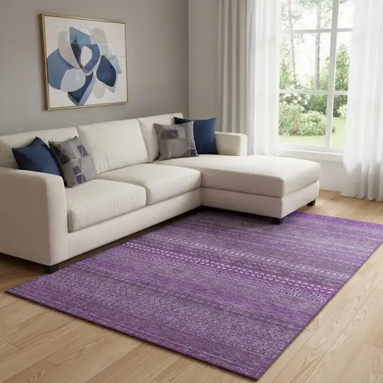 Eggplant And Ivory Striped Washable Area Rug With UV Protection Photo 1