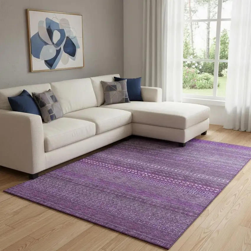 Eggplant And Ivory Striped Washable Area Rug With UV Protection Photo 1