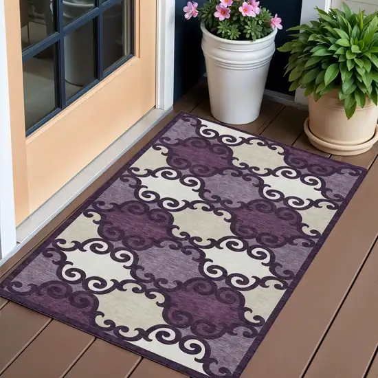 Eggplant And Ivory Trellis Washable Indoor Outdoor Area Rug Photo 1