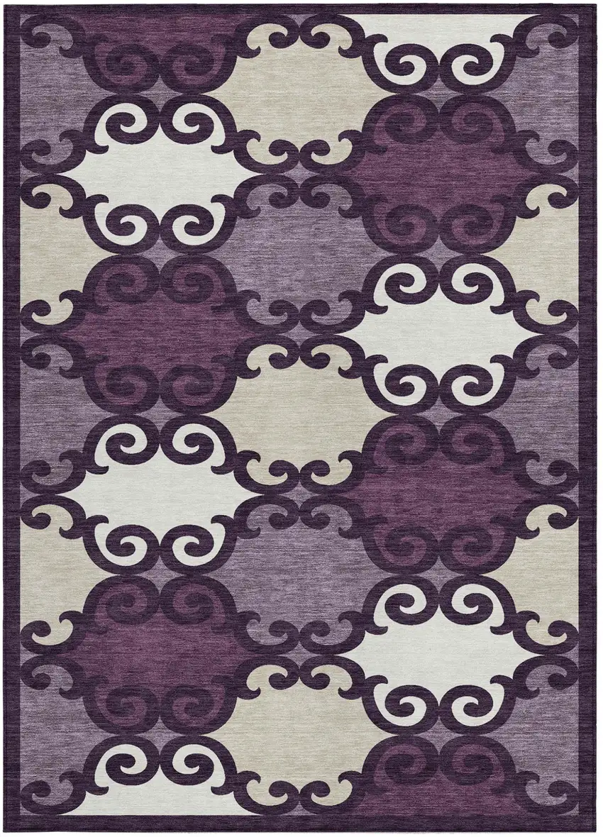 Eggplant And Ivory Trellis Washable Indoor Outdoor Area Rug Photo 7